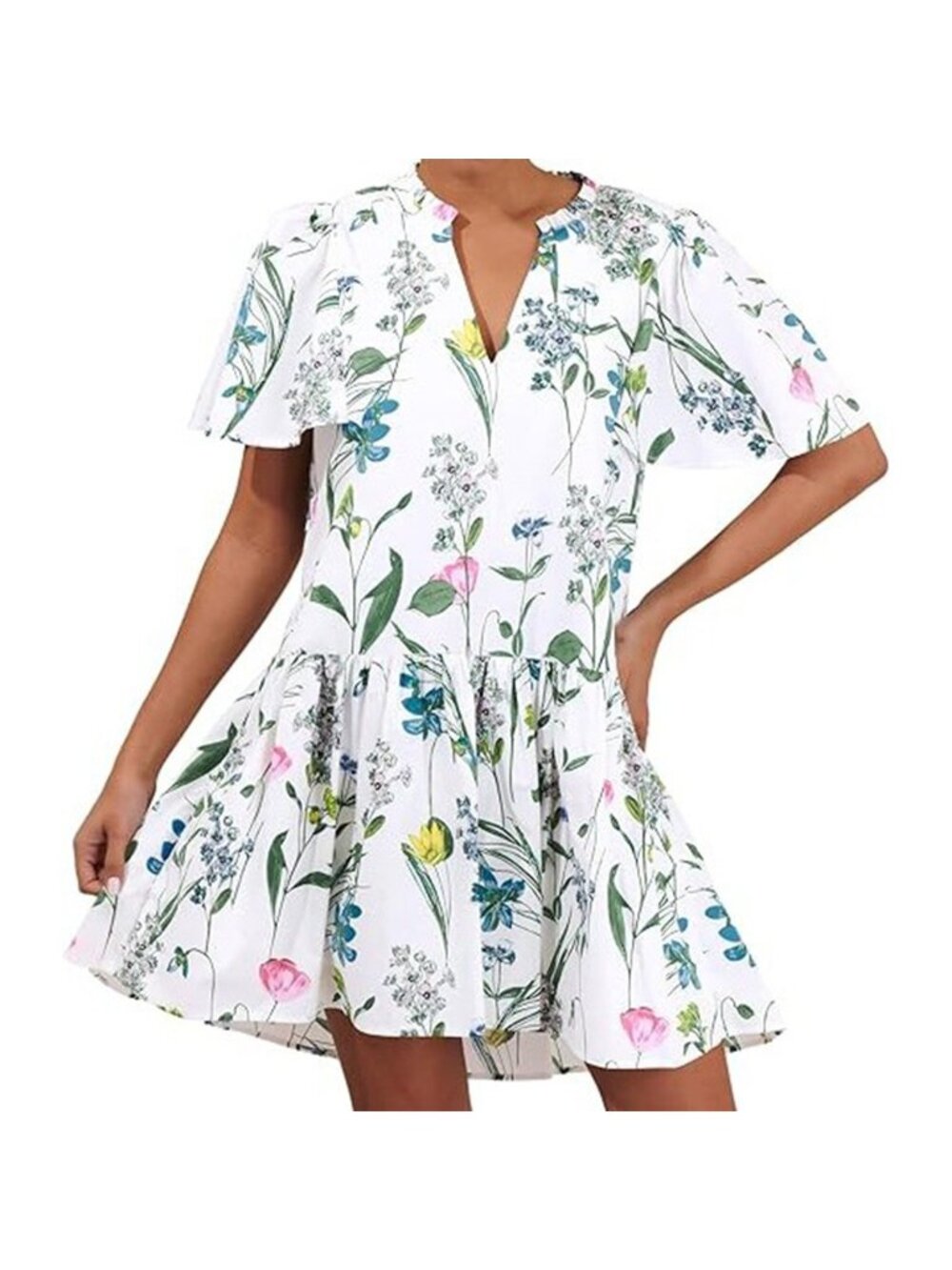 Casual Mini Sun Dress Print Boho Short Sleeve V Neck A Line White Floral 2XL